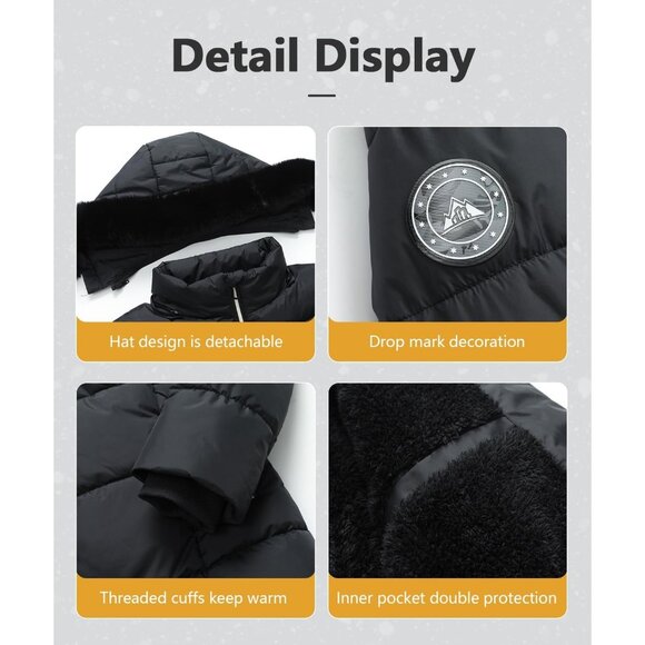 Women's Black Winter Windproof Warm Down Coats Waterproof Hooded Puffer Jacket - Picture 5 of 6